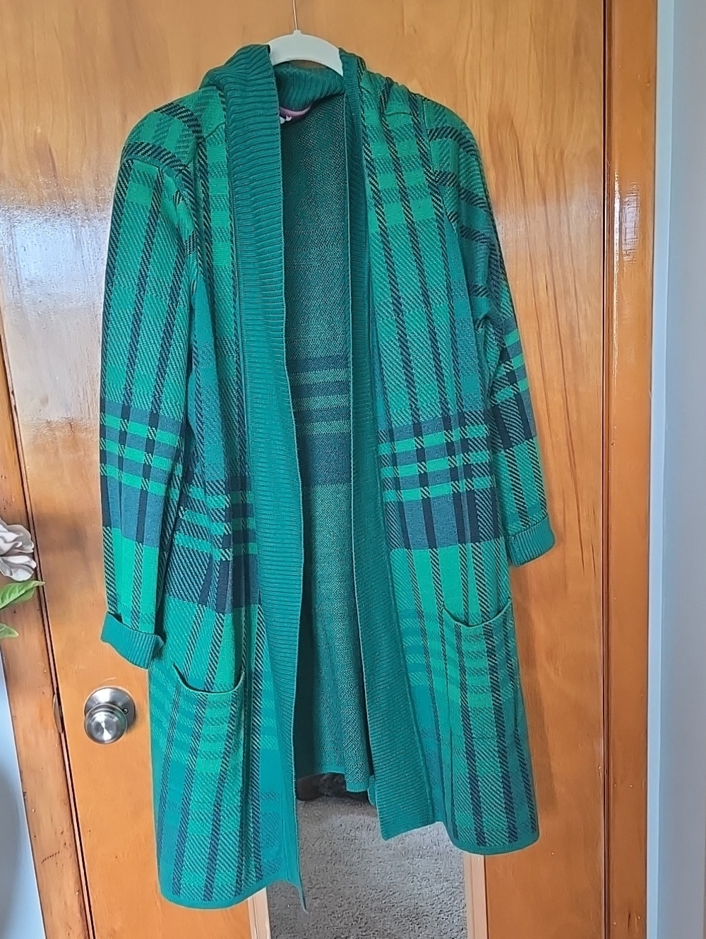 Isaac Mizrahi Green Plaid Open-Front Cardigan Sweater Pockets  3X